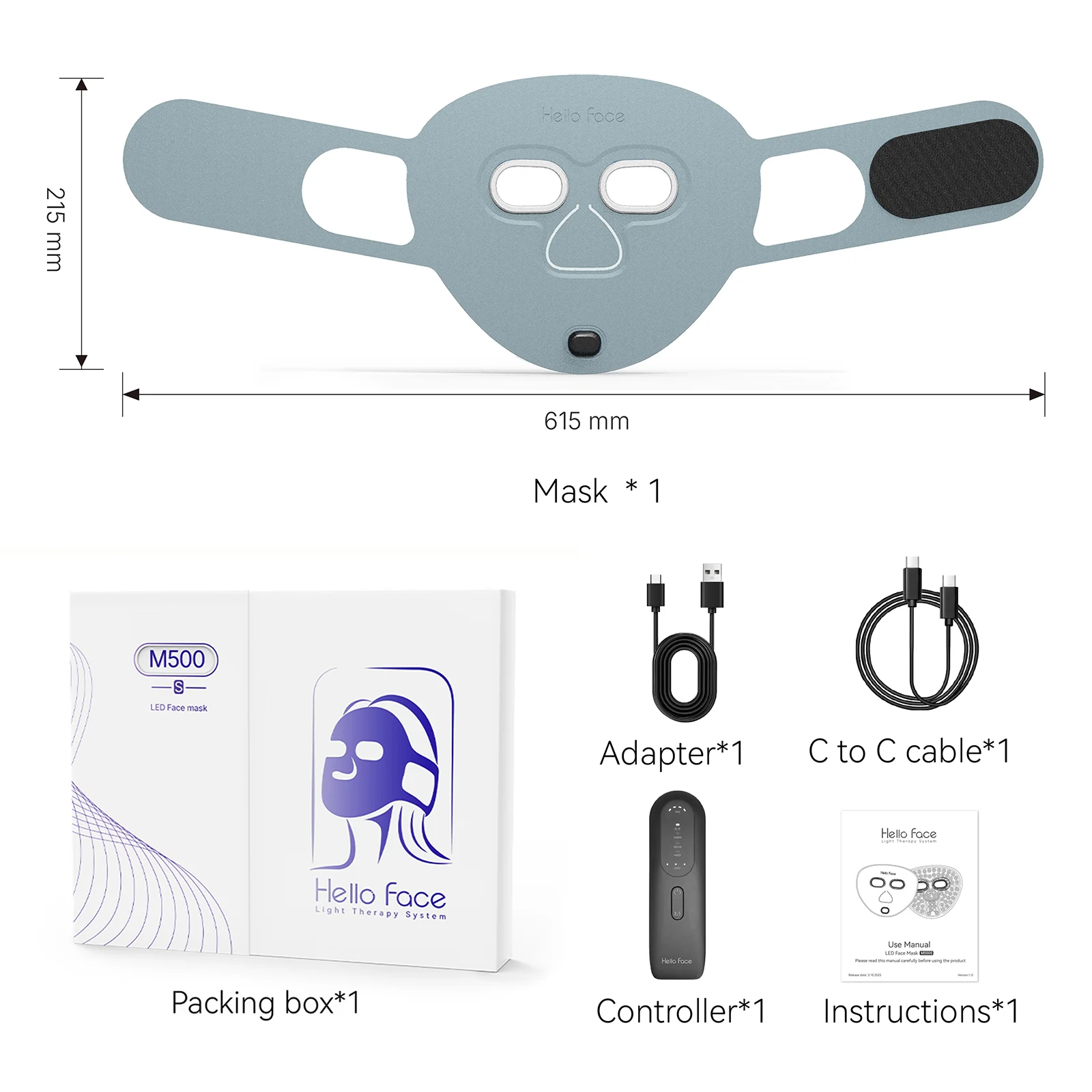 Hello Face 4-Color Baby Blue M500S LED Mask, Soft Ice-Silk Lycra, Ultra-Lightweight, Light-Blocking, High-Fit Face Photon Mask